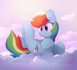 Size: 3026x2759 | Tagged: safe, artist:mochi_nation, rainbow dash, pegasus, pony, g4, cloud, cute, female, high res, lying down, lying on a cloud, on a cloud, on back, solo