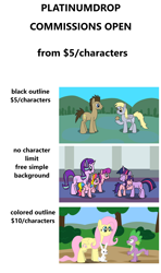 Size: 1920x3240 | Tagged: safe, artist:platinumdrop, angel bunny, derpy hooves, doctor whooves, fluttershy, lily longsocks, rainbow harmony, raspberry dazzle, spike, starlight glimmer, time turner, twilight sparkle, dragon, earth pony, pegasus, pony, rabbit, unicorn, g4, advertisement, advertising, angry, animal, commission info, female, food, male, mare, muffin, request, smiling, stallion, text, unicorn twilight