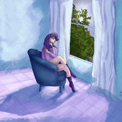 Size: 1000x1000 | Tagged: safe, artist:sova-ray, rarity, human, g4, chair, clothes, cloud, curtains, female, humanized, lipstick, makeup, socks, solo, stocking feet, sweater, tree, window