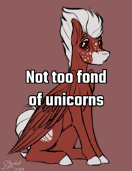 Size: 2800x3600 | Tagged: safe, artist:stardustspix, oc, oc only, oc:manumit to the aethers, pegasus, pony, colored eyebrows, colored eyelashes, facial markings, freckles, high res, male, meme, pegasus oc, ponified, ponified animal photo, ponified meme, pony racism, racism, red coat, red eyes, simple background, sitting, solo, stallion, text, white mane, whitney chewston, wings