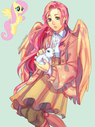 Size: 774x1032 | Tagged: safe, artist:mariam246810, angel bunny, fluttershy, human, pegasus, pony, rabbit, g4, animal, boots, clothes, coat, cute, female, green background, humanized, male, shirt, shoes, shyabetes, simple background, skirt, socks, solo, stockings, thigh highs, winged humanization, wings