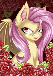 Size: 521x737 | Tagged: safe, artist:nuumia, fluttershy, bat pony, pony, g4, bat ponified, fangs, flutterbat, forked tongue, race swap, solo, spread wings, tongue out, wings