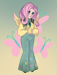 Size: 768x1024 | Tagged: safe, artist:pandiny11, fluttershy, human, g4, clothes, cutie mark background, female, gradient background, humanized, light skin, pants, shoes, solo, sweater, sweatershy, vest, winged humanization, wings