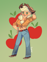 Size: 768x1024 | Tagged: safe, artist:pandiny11, applejack, human, g4, applejack's hat, belt, blushing, boots, clothes, cowboy boots, cowboy hat, cutie mark background, denim, female, flannel, freckles, gradient background, grin, hat, humanized, jeans, midriff, pants, shoes, smiling, solo, sports bra, tan skin
