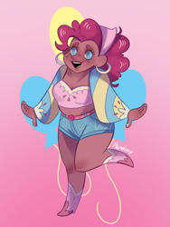 Size: 768x1024 | Tagged: safe, artist:pandiny11, pinkie pie, human, g4, alternate hairstyle, belt, boots, clothes, coat, cutie mark background, dark skin, ear piercing, earring, female, gradient background, humanized, jewelry, moderate dark skin, nail polish, open mouth, piercing, shoes, short shirt, shorts, solo