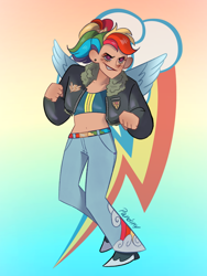 Size: 768x1024 | Tagged: safe, artist:pandiny11, rainbow dash, human, g4, alternate hairstyle, belt, bomber jacket, boots, clothes, cutie mark background, denim, ear piercing, earring, female, gradient background, grin, humanized, jacket, jeans, jewelry, midriff, pants, piercing, ponytail, shoes, smiling, solo, sports bra, tan skin, winged humanization, wings