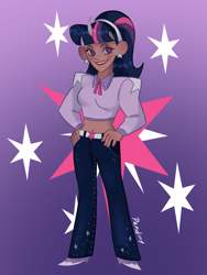 Size: 768x1024 | Tagged: safe, artist:pandiny11, twilight sparkle, human, g4, alternate hairstyle, belly button, boots, clothes, cutie mark background, dark skin, denim, ear piercing, earring, female, gradient background, grin, hairband, high heel boots, horn, horned humanization, humanized, jeans, jewelry, lipstick, makeup, midriff, pants, piercing, shirt, shoes, smiling, solo