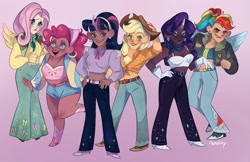 Size: 1686x1095 | Tagged: safe, artist:pandiny11, applejack, fluttershy, pinkie pie, rainbow dash, rarity, twilight sparkle, human, g4, alternate hairstyle, applejack's hat, bandaid, belly button, belt, blushing, bomber jacket, boots, bra, clothes, coat, cowboy boots, cowboy hat, crop top bra, dark skin, denim, ear piercing, earring, eyeshadow, female, flannel, freckles, gloves, gradient background, grin, hairband, hat, high heel boots, high heels, horn, horned humanization, humanized, jacket, jeans, jewelry, lipstick, makeup, mane six, midriff, nail polish, open mouth, pants, piercing, ponytail, shirt, shoes, short shirt, shorts, smiling, sports bra, sweater, sweatershy, underwear, vest, wall of tags, winged humanization, wings