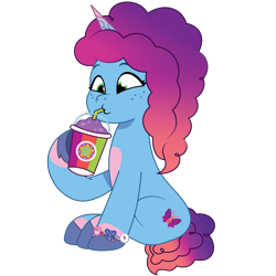 Size: 1200x1200 | Tagged: safe, artist:prixy05, misty brightdawn, pony, unicorn, g5, my little pony: tell your tale, bracelet, cute, drink, freckles, friendship bracelet, jewelry, mistybetes, rebirth misty, simple background, sitting, smoothie, solo, that pony sure does love smoothies, transparent background, vector