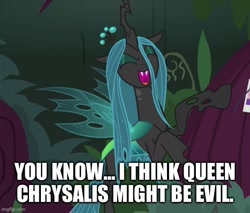 Size: 587x500 | Tagged: safe, edit, edited screencap, screencap, queen chrysalis, changeling, changeling queen, g4, the mean 6, captain obvious, caption, crown, evil laugh, eyes closed, female, image macro, imgflip, jewelry, laughing, mare, open mouth, regalia, solo, text, truth