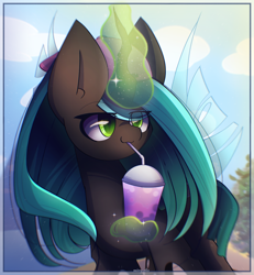 Size: 2400x2600 | Tagged: safe, artist:miryelis, queen chrysalis, changeling, changeling queen, g4, alcohol, big ears, cocktail, drink, drinking, female, glowing, glowing horn, hat, high res, horn, long hair, magic, simple background, sky, solo, wings