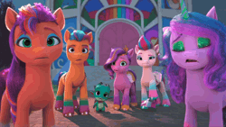 Size: 1920x1080 | Tagged: safe, screencap, hitch trailblazer, izzy moonbow, pipp petals, sparky sparkeroni, sunny starscout, zipp storm, dragon, earth pony, pegasus, pony, unicorn, g5, my little pony: make your mark, my little pony: make your mark chapter 4, the manesquerade ball, spoiler:g5, spoiler:my little pony: make your mark, spoiler:my little pony: make your mark chapter 4, spoiler:mymc04e05, animated, awkward, baby, baby dragon, blinking, confused, dyed mane, eyeshadow, fabulous, female, frown, i watch it for the ears, makeup, male, mane five, mane stripe sunny, mare, mascara, open mouth, outdoors, reaction image, silence, stallion, stare, striped mane