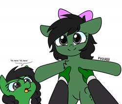 Size: 2000x1700 | Tagged: safe, artist:fv0003, oc, oc:filly anon, earth pony, pony, bow, female, filly, hair bow, holding a pony, simple background, white background
