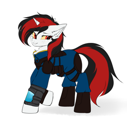 Size: 1837x1781 | Tagged: safe, artist:thieftea, oc, oc only, oc:blackjack, pony, unicorn, fallout equestria, fallout equestria: project horizons, armor, black and red mane, clothes, fanfic art, female, horn, jumpsuit, looking at you, mare, pipbuck, red eyes, security armor, simple background, smiling, smiling at you, smirk, solo, two toned mane, unicorn oc, vault suit, white background