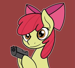 Size: 2048x1857 | Tagged: safe, artist:ewoudcponies, apple bloom, earth pony, pony, g4, delet this, female, filly, foal, gun, red background, simple background, smiling, solo, weapon