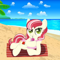 Size: 1250x1250 | Tagged: safe, artist:spellboundcanvas, oc, oc:strawberry seam, pegasus, pony, alcohol, beach, clothes, cocktail, commission, drink, drinking, looking at you, pegasus oc, solo, swimsuit, towel, ych result