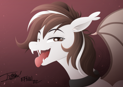 Size: 3694x2624 | Tagged: safe, artist:andaluce, artist:imalou, oc, oc:choco blanc, bat pony, pony, abstract background, collar, ear fluff, fangs, high res, mawshot, open mouth, sharp teeth, solo, teeth, tongue out