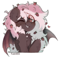 Size: 526x520 | Tagged: safe, artist:flixanoa, oc, oc only, oc:strawberry mousse cake, bat pony, bat wings, brown, chest fluff, ear fluff, fangs, female, fluffy, food, fully shaded, heart, looking at you, mare, one eye closed, pink, pink mane, simple background, solo, strawberry, transparent background, wings, wink, winking at you