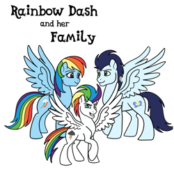 Size: 894x894 | Tagged: safe, artist:melspyrose, rainbow dash, soarin', oc, oc:tempest bolt, pegasus, pony, g4, family, female, male, mare, offspring, parent:rainbow dash, parent:soarin', parents:soarindash, ship:soarindash, shipping, simple background, stallion, straight, text, transparent background