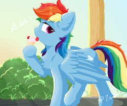 Size: 5669x4724 | Tagged: safe, artist:youle, derpibooru exclusive, rainbow dash, pegasus, pony, g4, absurd resolution, cherry, chest fluff, female, food, ice cream, mare, solo, tongue out