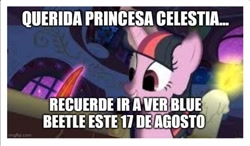 Size: 1080x632 | Tagged: safe, edit, edited screencap, screencap, princess celestia, twilight sparkle, pony, unicorn, g4, owl's well that ends well, candle, dear princess celestia, female, golden oaks library, letter, mare, meme, no catchlights, quill, solo, unicorn twilight