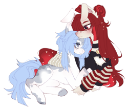 Size: 2159x1841 | Tagged: safe, artist:ruru_01, oc, oc only, earth pony, pony, unicorn, bunny ears, clothes, concave belly, couple, cuddling, cute, hoof fluff, lying down, simple background, slender, solo, thin, white background