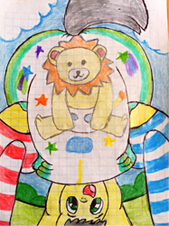 Size: 1472x1973 | Tagged: safe, artist:bitter sweetness, oc, oc only, oc:bitter sweetness, pony, unicorn, abdl, adult foal, blue sky, clothes, diaper, diaper fetish, fetish, graph paper, grass, green eyes, horn, looking at you, looking between legs, non-baby in diaper, open mouth, open smile, poofy diaper, smiling, socks, striped socks, traditional art