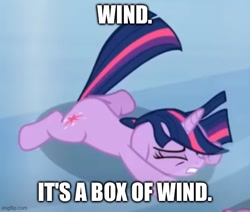 Size: 543x460 | Tagged: safe, edit, edited screencap, screencap, twilight sparkle, pony, unicorn, g4, season 3, the crystal empire, caption, female, floppy ears, image macro, imgflip, lying down, mare, meme, solo, text, the backyardigans, unicorn twilight, wind