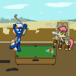 Size: 512x512 | Tagged: safe, artist:nitobit, oc, oc only, oc:moonlight wane, unnamed oc, bat pony, earth pony, pony, armor, bipedal, desert, golf club, knife, male, pixel art, pool table, post-apocalyptic, rust, spider web, stallion, wall