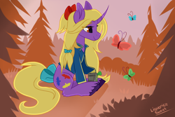 Size: 3000x2000 | Tagged: safe, artist:liquorice_sweet, oc, oc only, oc:gypsy breeze, butterfly, pony, unicorn, fallout equestria, curved horn, forest background, high res, horn, pipbuck, solo