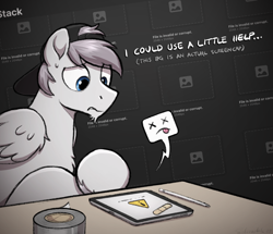 Size: 3312x2844 | Tagged: safe, artist:selenophile, oc, oc only, oc:seleno, pegasus, pony, advertisement, backwards ballcap, baseball cap, cap, duct tape, error, hat, high res, ipad, solo, tablet, tape, worried