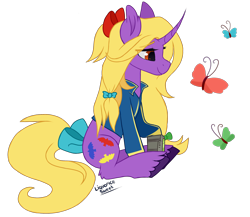 Size: 2300x2000 | Tagged: safe, artist:liquorice_sweet, oc, oc only, oc:gypsy breeze, butterfly, pony, unicorn, fallout equestria, curved horn, high res, horn, pipbuck, simple background, solo, transparent background