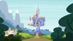 Size: 3840x2160 | Tagged: safe, screencap, g4, official, background, bush, grass, high res, no pony, outdoors, path, ponyville, scenery, tree, twilight's castle
