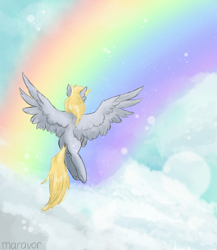 Size: 1300x1500 | Tagged: safe, artist:maravor, derpy hooves, pegasus, pony, g4, cloud, ear fluff, female, flying, mare, rainbow, sky, solo, spread wings, wings