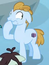 Size: 225x298 | Tagged: safe, screencap, opulence, sprout greenhoof, earth pony, pony, friendship university, g4, cropped, hoof over mouth, las pegasus resident, looking sideways, male, offscreen character, solo focus, stallion, wavy mouth