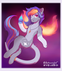 Size: 2023x2315 | Tagged: safe, alternate version, artist:autumnsfur, oc, oc only, oc:blaze, earth pony, pony, artfight, artfight 2023, artfight2023, belly, blue fire, blue hair, blue mane, chest fluff, ear fluff, eyelashes, fake wings, female, fiery wings, fire, floating, fluffy, freckles, full body, gray coat, grey fur, high res, jewelry, lightning, logo, long tail, looking at something, mare, markings, multicolored hair, multicolored mane, multicolored tail, necklace, orange eyes, orange hair, orange mane, passepartout, purple hair, purple mane, red eyes, signature, simple background, smiling, tail, text, wings