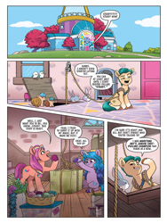 Size: 768x1024 | Tagged: safe, idw, official comic, hitch trailblazer, izzy moonbow, kenneth, steven, sunny starscout, armadillo, bird, earth pony, pony, rabbit, seagull, unicorn, g5, my little pony 40th anniversary special, official, spoiler:comic, spoiler:g5comic, animal, box, crystal brighthouse, female, male, mane stripe sunny, mare, rope, sheriff's badge, speech bubble, stallion, text, yarn, yarn ball