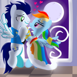 Size: 1400x1400 | Tagged: safe, artist:mlplary6, rainbow dash, soarin', pegasus, pony, g4, clothes, dancing, dress, female, flying, heart, looking at each other, looking at someone, love, male, mare, moon, moonlight, romantic, ship:soarindash, shipping, smiling, smiling at each other, stallion, straight