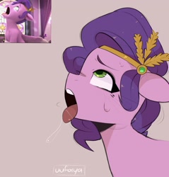 Size: 1955x2048 | Tagged: safe, artist:darkdoubloon, pipp petals, pegasus, pony, a little horse, g5, my little pony: make your mark, my little pony: make your mark chapter 4, spoiler:g5, spoiler:my little pony: make your mark, spoiler:my little pony: make your mark chapter 4, spoiler:mymc04e06, ahegao, drool, female, mare, open mouth, parody, scene parody, solo, sweat, tongue out