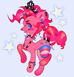 Size: 900x939 | Tagged: safe, artist:leftoverteeth, pinkie pie, earth pony, pony, g4, alternate hairstyle, beads, blue background, blue eyes, bracelet, choker, crown, ear piercing, earring, fishnets, hairclip, heart necklace, jewelry, lip piercing, necklace, nonbinary pride flag, nose piercing, nose ring, pansexual pride flag, piercing, pink coat, pink hair, pink mane, pride, pride flag, raised hoof, raised leg, regalia, simple background, snake bites, solo, spiked choker, stars, transgender pride flag