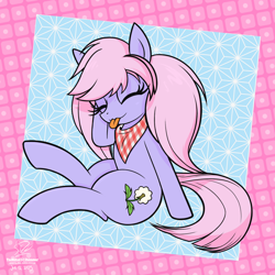 Size: 1920x1920 | Tagged: safe, artist:theratedrshimmer, oc, oc:dandelette, earth pony, pony, :p, bandana, cute, earth pony oc, eyes closed, female, ocbetes, passepartout, solo, tongue out