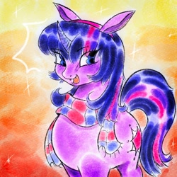 Size: 1080x1080 | Tagged: safe, artist:ombnom, twilight sparkle, pony, unicorn, g4, clothes, open mouth, scarf, smiling, solo, striped scarf, unicorn twilight