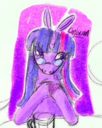 Size: 1545x1920 | Tagged: safe, artist:ombnom, twilight sparkle, pony, unicorn, g4, bust, glasses, sitting, solo, unicorn twilight