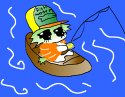 Size: 608x472 | Tagged: safe, artist:ombnom, oc, oc:fischer, kelpie, chibi, fishing, hat, solo