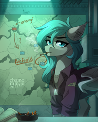 Size: 3012x3748 | Tagged: safe, artist:chamommile, oc, oc only, oc:midnight dagger, bat pony, pegasus, pony, blue eyes, blue hair, blue mane, bunker, cigarette, clothes, commission, ear piercing, female, high res, looking at you, map, military uniform, pegasus oc, piercing, serious, serious face, smoke, smoking, solo, uniform, ych result