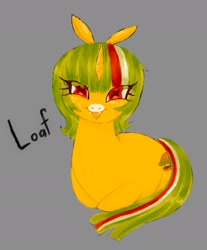 Size: 1624x1964 | Tagged: safe, artist:ombnom, oc, oc only, oc:burger mare, pony, unicorn, fangs, freckles, gray background, looking at you, lying down, open mouth, ponyloaf, prone, simple background, smiling, solo