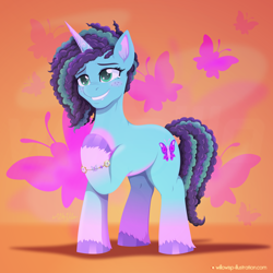 Size: 2000x2000 | Tagged: safe, artist:willoillo, misty brightdawn, butterfly, pony, unicorn, g5, my little pony: make your mark, my little pony: tell your tale, bracelet, coat markings, cornrows, cute, female, freckles, friendship bracelet, grin, high res, hoof on chest, jewelry, mare, mistybetes, pale belly, smiling, socks (coat markings), solo