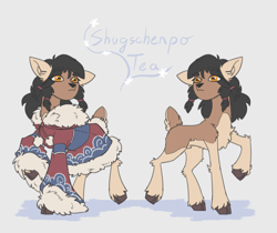 Size: 1977x1662 | Tagged: safe, artist:sneetymist, oc, oc only, oc:shugschenpo tea, deer, reindeer, chest fluff, clothes, cloven hooves, coat markings, colored, dress, ear fluff, female, fluffy, fur coat, fur collar, horizontal pupils, name, parka, pubic fluff, simple background, solo, traditional clothing, unshorn fetlocks, winter outfit