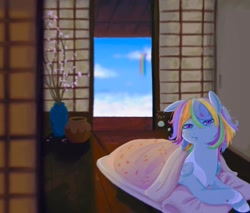 Size: 1327x1130 | Tagged: safe, artist:ombnom, oc, oc only, pegasus, pony, flower, futon, looking at you, lying down, one ear down, pot, solo