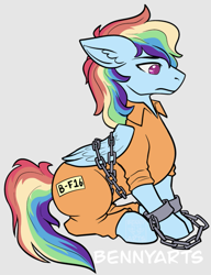 Size: 1079x1408 | Tagged: safe, artist:benny-arts, rainbow dash, pegasus, pony, g4, b-f16, bound wings, chained, chains, clothes, cuffs, jumpsuit, never doubt rainbowdash69's involvement, prison outfit, prisoner rd, shackles, solo, wings